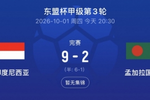 最后1分钟2球！印尼9-2孟加拉国，以入球多力压马来西亚晋级决赛